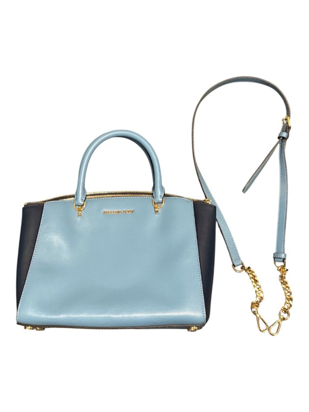 Michael Kors Ellis Sky Large Leather Satchel Navy/Light Blue/Gold Check Desc!